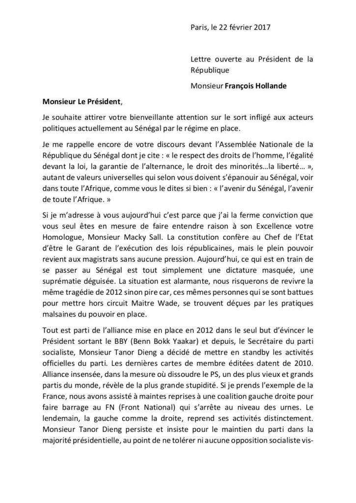 Lettre Ouverte Au President De La Republique Du Senegal