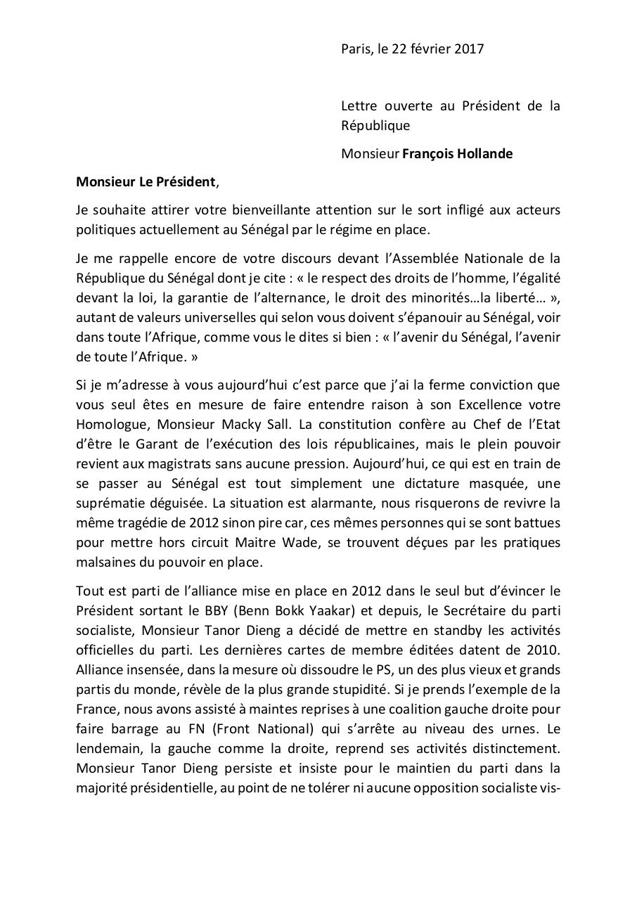 Lettre Ouverte Au President De La Republique Du Senegal